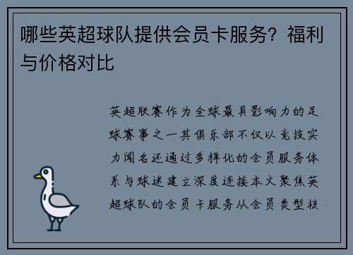 哪些英超球队提供会员卡服务？福利与价格对比