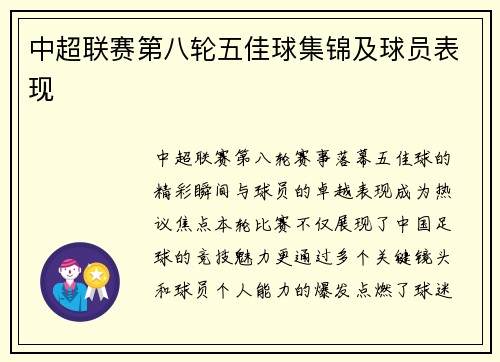 中超联赛第八轮五佳球集锦及球员表现